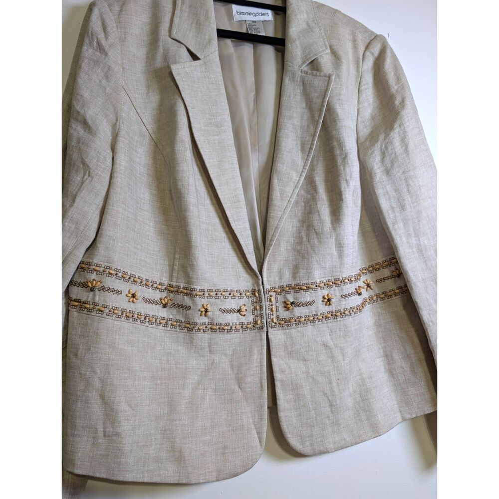 Vintage 90s Bloomingdale’s 100% Linen Beaded Blazer 18W Plus Tan Boho Coastal - Picture 6 of 9